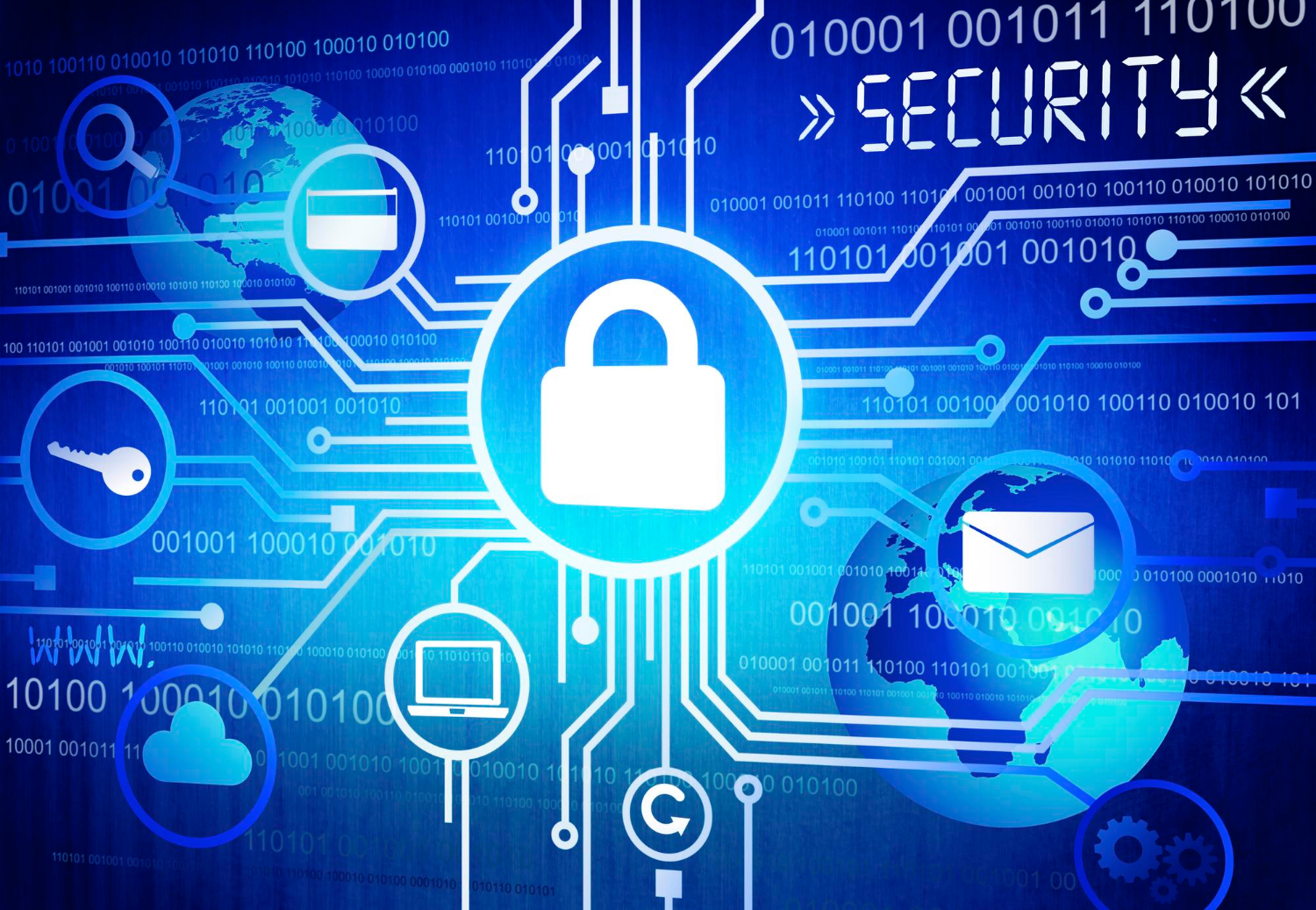 A digital illustration of cybersecurity featuring a central padlock icon, symbolising data protection, encryption, and secure communication on the internet.